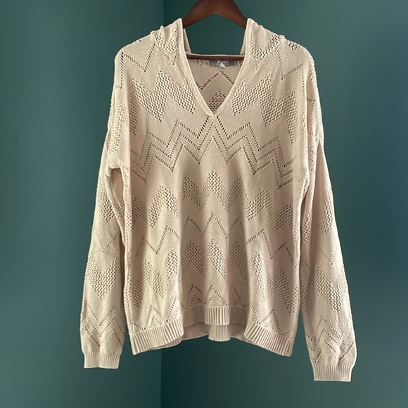 Marled Clothing Beige Open Knit Chevron Hoodie Sweater XL - Picture 1 of 6